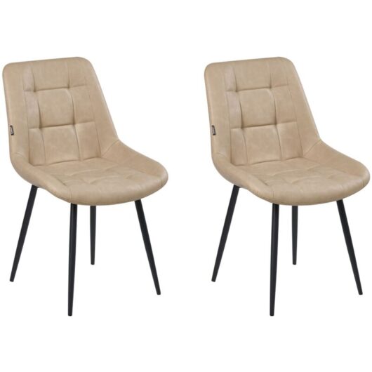 Set of 2 Dining Chairs Beige Faux Leather Black Iron Legs Modern Upholstered Chairs MELROSE