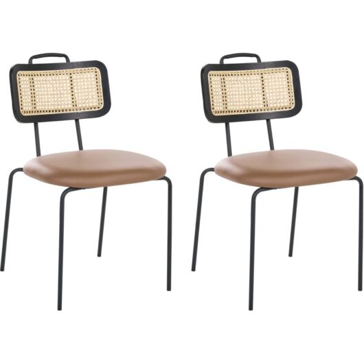 Set of 2 Dining Chairs Brown Faux Leather Seat PE Rattan Back Iron Legs Armless Protective Caps Modern Boho Design ADEL