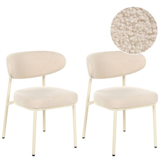 Set of 2 Dining Chairs Light Beige Boucle Armless Iron Legs Protective Caps Retro Design Dining Room Seating UNITY