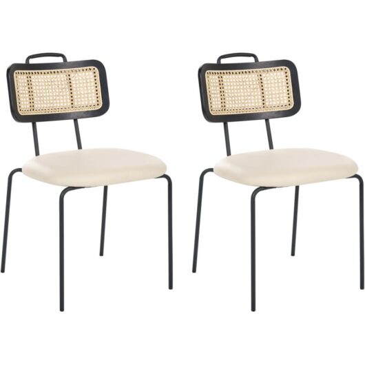 Set of 2 Dining Chairs Light Beige Faux Leather Seat PE Rattan Back Iron Legs Armless Protective Caps Modern Boho Design ADEL