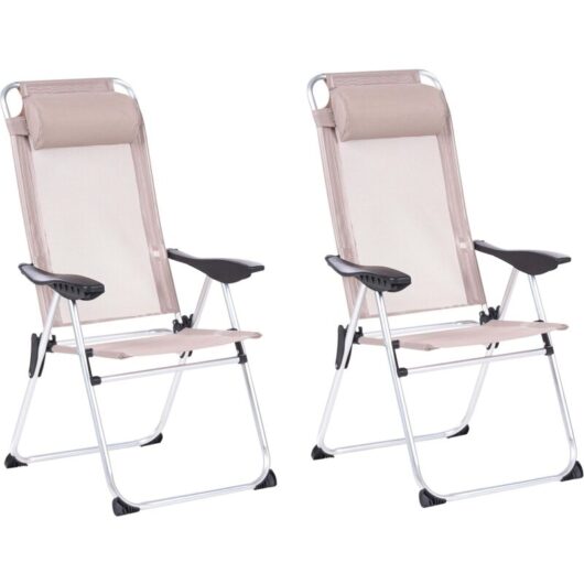 Set of 2 Folding Garden Chairs Beige Aluminium Frame Adjustable Backrest Textile Matt Anodized Modern Outdoor ASINE