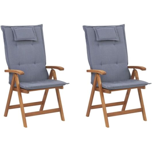 Set of 2 Garden Chairs Light Acacia Wood with Blue Cushions Folding Feature UV Resistant Rustic Style JAVA