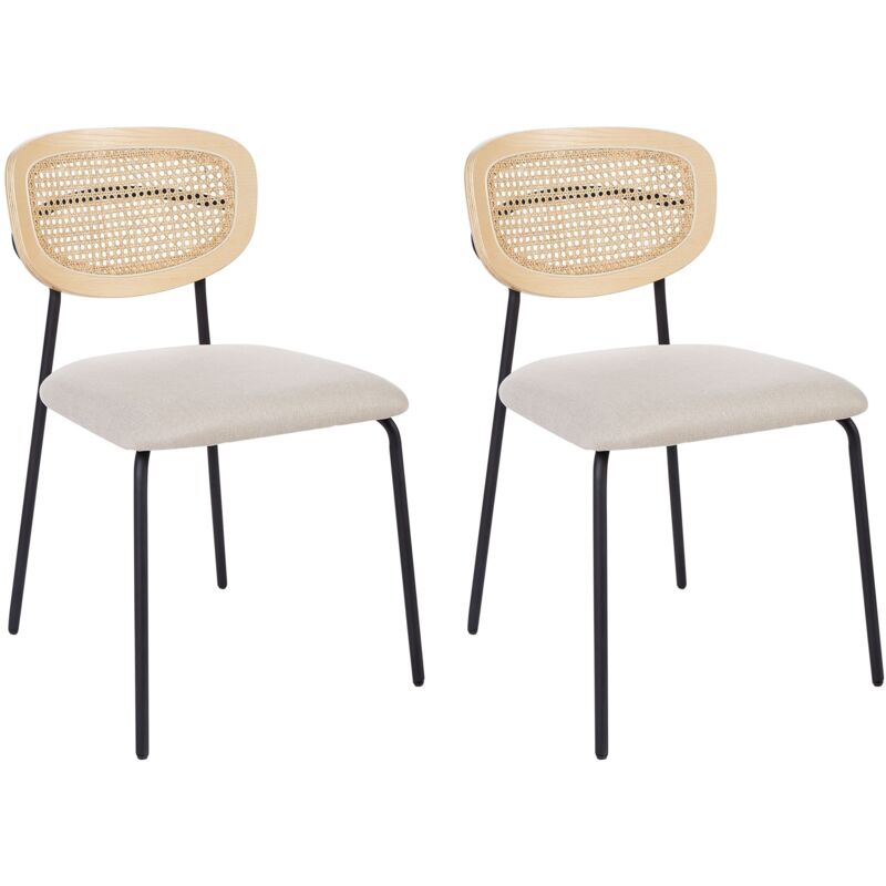Set of 2 Modern Dining Chairs Viennese Braid Rattan Backrest Stools Polyester Seat Armless Black Legs Light Beige Mayetta