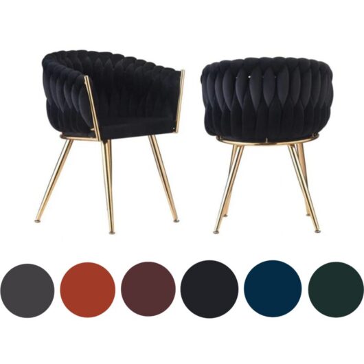 Set of 2 Roma Modern Velvet Dining Chairs - Ergonomic Curved back with Gold Metal Frame - Armchair for Dining Room Kitchen Living Room - Black