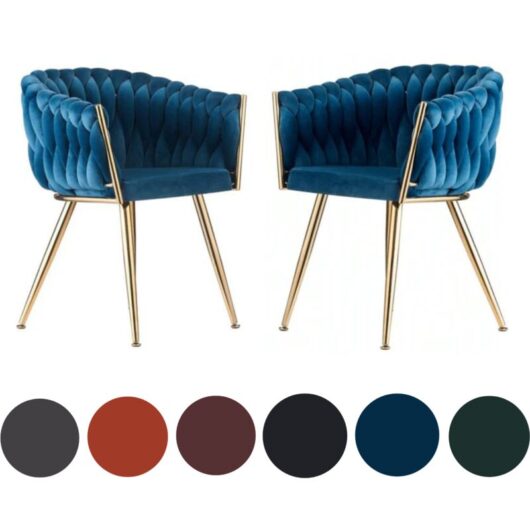 Set of 2 Roma Modern Velvet Dining Chairs - Ergonomic Curved back with Gold Metal Frame - Armchair for Dining Room Kitchen Living Room - Blue