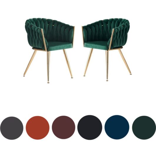 Set of 2 Roma Modern Velvet Dining Chairs - Ergonomic Curved back with Gold Metal Frame - Armchair for Dining Room Kitchen Living Room - Green