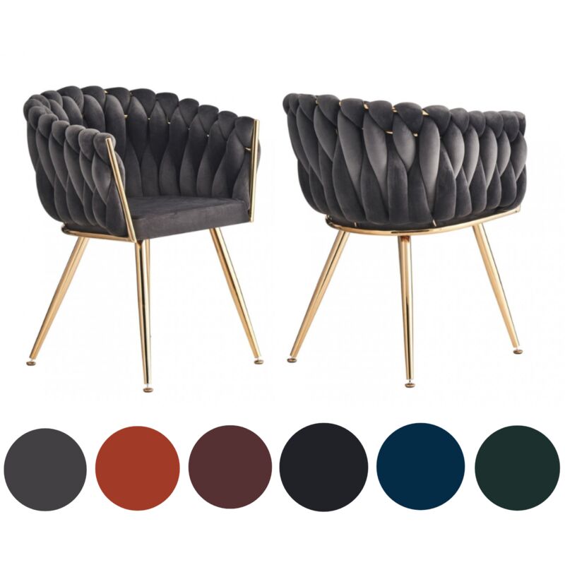 Set of 2 Roma Modern Velvet Dining Chairs - Ergonomic Curved back with Gold Metal Frame - Armchair for Dining Room Kitchen Living Room - Grey
