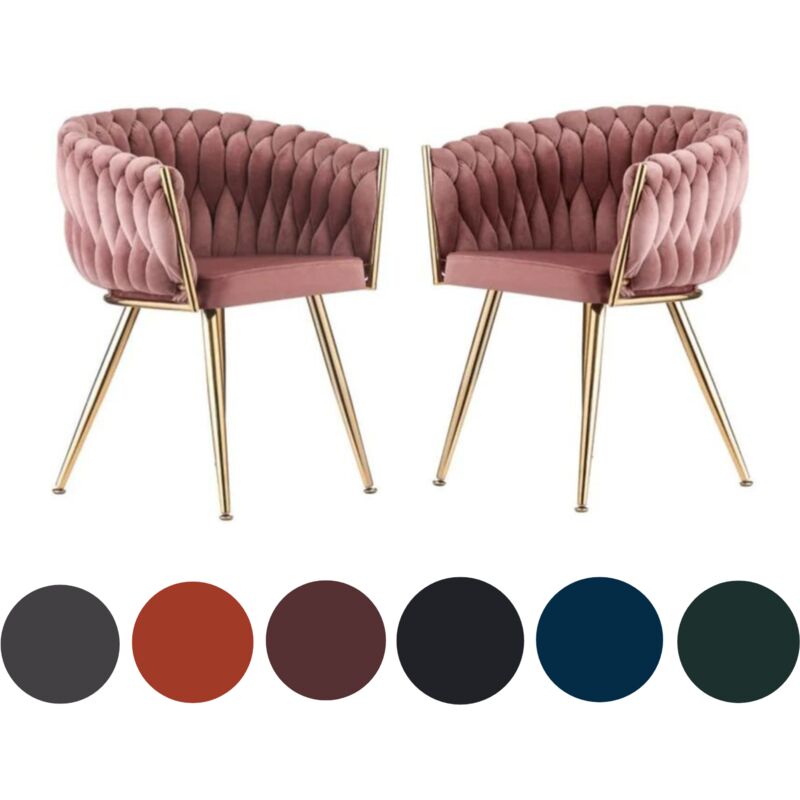 Set of 2 Roma Modern Velvet Dining Chairs - Ergonomic Curved back with Gold Metal Frame - Armchair for Dining Room Kitchen Living Room - Pink