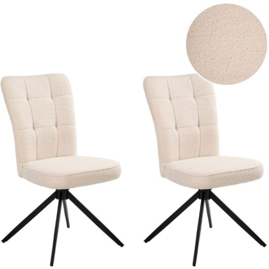 Set of 2 Swivel Dining Chairs Light Beige Boucle Upholstery Metal Legs Base Dining Room RYAN