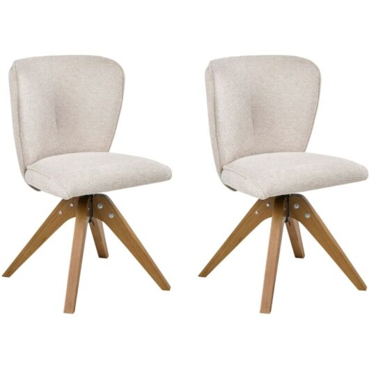 Set of 2 Swivel Dining Chairs Light Beige Fabric Upholstery Metal Rotating Wooden Legs Base COSO