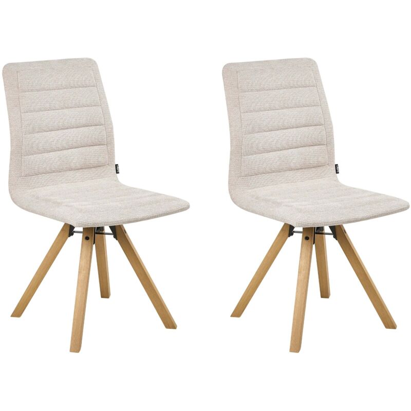 Set of 2 Swivel Dining Chairs Light Beige Fabric Upholstery Metal Rotating Wooden Legs Base ROX