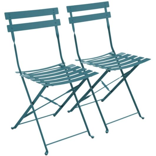 Set of 2 folding bistro garden chairs in powder-coated steel, Emilia, duck blue, 49.5 x 41 x 80.5cm