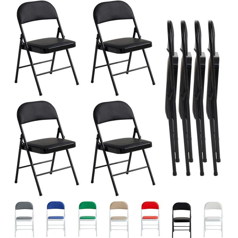 Set of 4 Faux Leather Foldable Chair with Metal Frame and Padded Seat BLACK