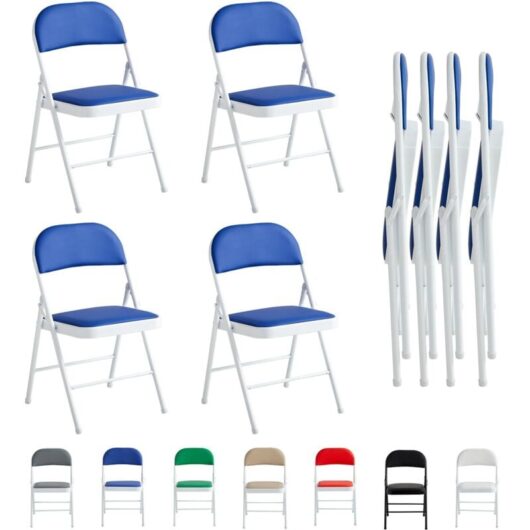Set of 4 Faux Leather Foldable Chair with Metal Frame and Padded Seat BLUE