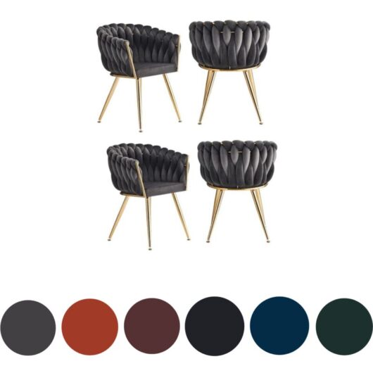 Set of 4 Roma Modern Velvet Dining Chairs - Ergonomic Curved back with Gold Metal Frame - Armchair for Dining Room Kitchen Living Room - Black