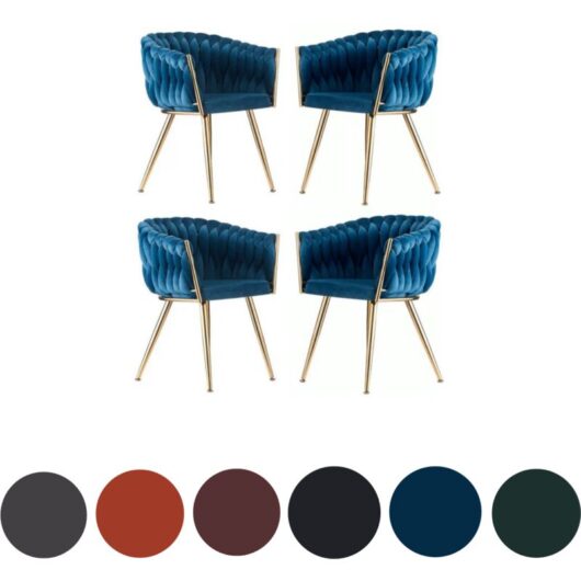 Set of 4 Roma Modern Velvet Dining Chairs - Ergonomic Curved back with Gold Metal Frame - Armchair for Dining Room Kitchen Living Room - Blue
