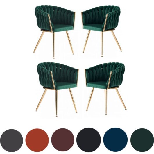 Set of 4 Roma Modern Velvet Dining Chairs - Ergonomic Curved back with Gold Metal Frame - Armchair for Dining Room Kitchen Living Room - Green