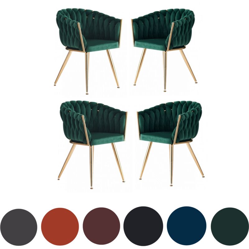 Set of 4 Roma Modern Velvet Dining Chairs - Ergonomic Curved back with Gold Metal Frame - Armchair for Dining Room Kitchen Living Room - Green