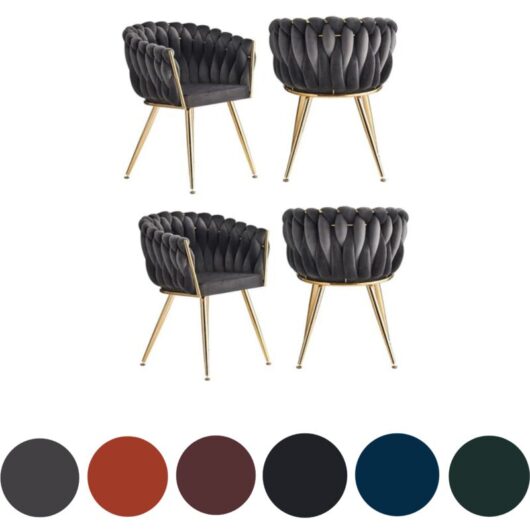 Set of 4 Roma Modern Velvet Dining Chairs - Ergonomic Curved back with Gold Metal Frame - Armchair for Dining Room Kitchen Living Room - Grey