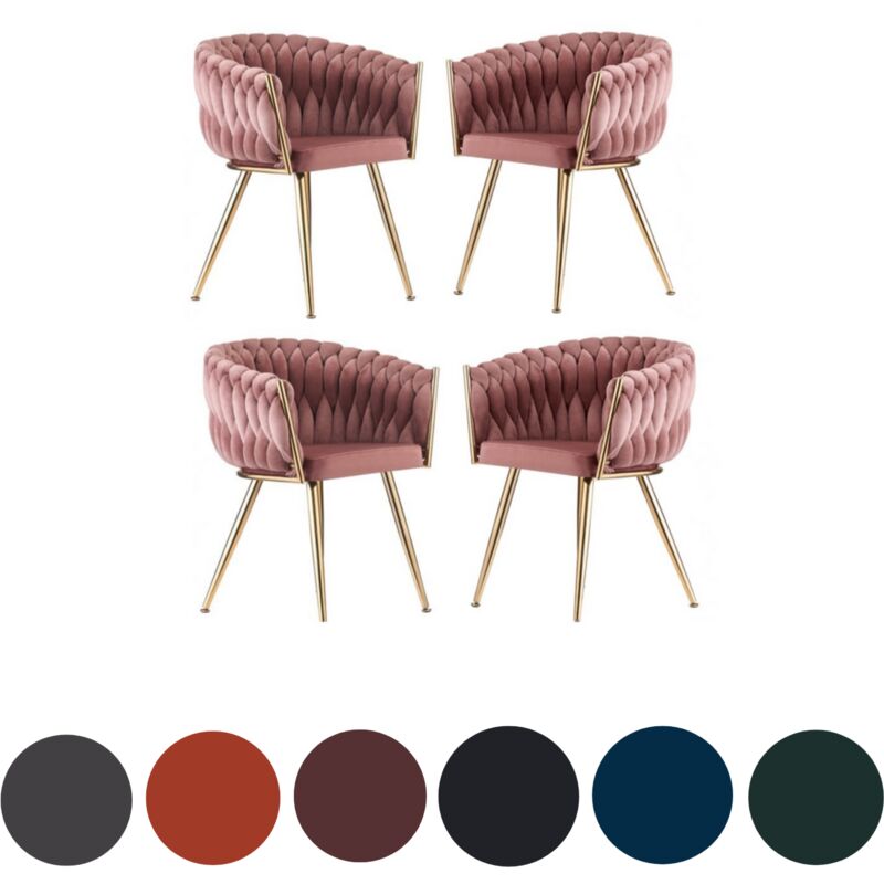 Set of 4 Roma Modern Velvet Dining Chairs - Ergonomic Curved back with Gold Metal Frame - Armchair for Dining Room Kitchen Living Room - Pink