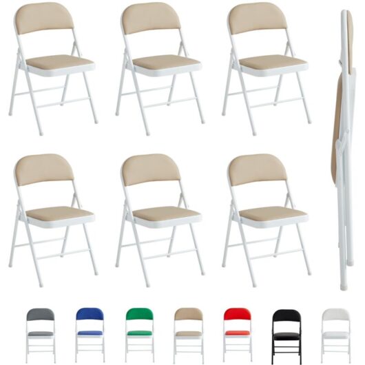 Set of 6 Faux Leather Foldable Chair with Metal Frame and Padded Seat BEIGE