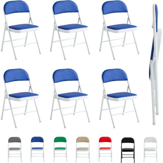 Set of 6 Faux Leather Foldable Chair with Metal Frame and Padded Seat BLUE