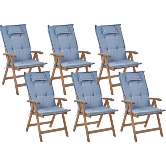 Set of 6 Garden Chairs with Cushions AMANTEA Acacia Wood Blue