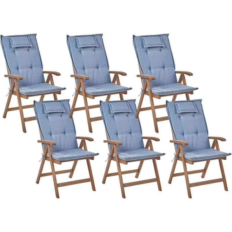 Set of 6 Garden Chairs with Cushions AMANTEA Acacia Wood Blue