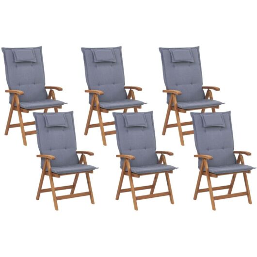 Set of 6 Garden Chairs with Cushions JAVA Acacia Wood Blue