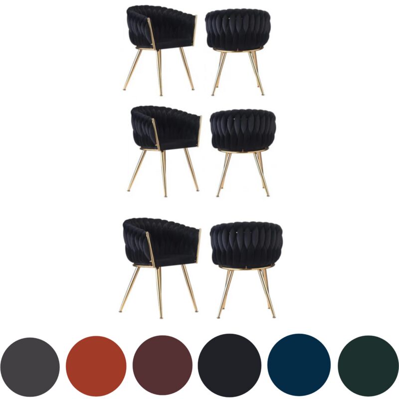 Set of 6 Roma Modern Velvet Dining Chairs - Ergonomic Curved back with Gold Metal Frame - Armchair for Dining Room Kitchen Living Room - Black