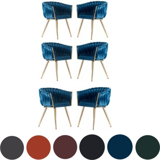 Set of 6 Roma Modern Velvet Dining Chairs - Ergonomic Curved back with Gold Metal Frame - Armchair for Dining Room Kitchen Living Room - Blue