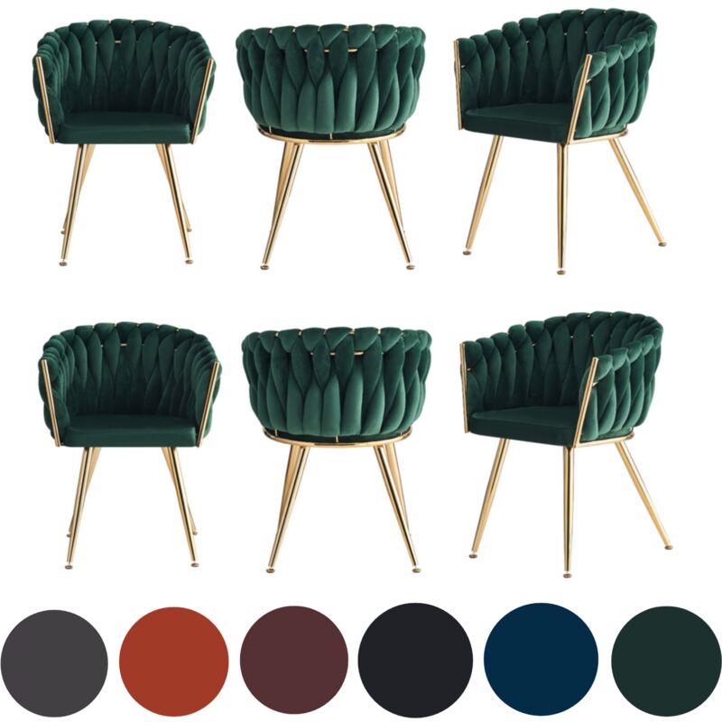 Set of 6 Roma Modern Velvet Dining Chairs - Ergonomic Curved back with Gold Metal Frame - Armchair for Dining Room Kitchen Living Room - Green
