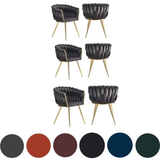 Set of 6 Roma Modern Velvet Dining Chairs - Ergonomic Curved back with Gold Metal Frame - Armchair for Dining Room Kitchen Living Room - Grey