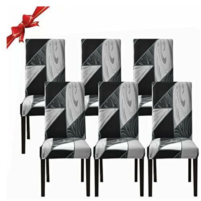 Set of 6 Stretch Chair Covers (Black Geometric Pattern, Set of 6), Universal and Washable Chair Covers, Easy Care Chair Covers for Hotel Dining Room
