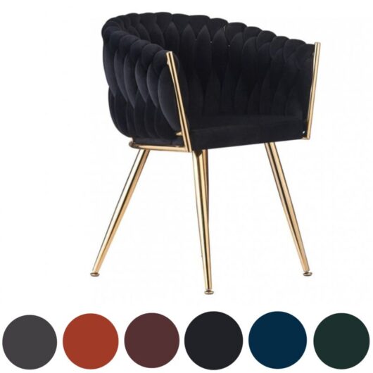 Single Roma Modern Velvet Dining Chair - Ergonomic Curved back with Gold Metal Frame - Armchair for Dining Room Kitchen Living Room - Black