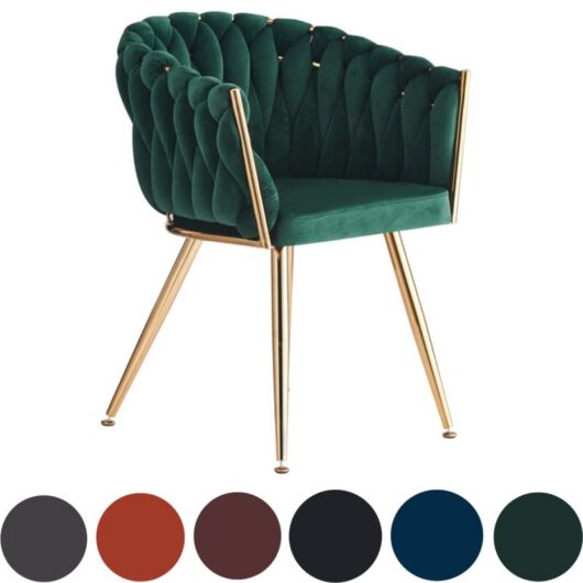 Single Roma Modern Velvet Dining Chair - Ergonomic Curved back with Gold Metal Frame - Armchair for Dining Room Kitchen Living Room - Green