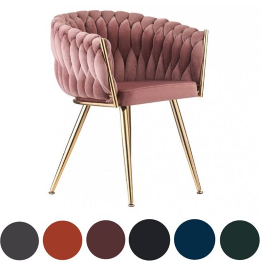Single Roma Modern Velvet Dining Chair - Ergonomic Curved back with Gold Metal Frame - Armchair for Dining Room Kitchen Living Room - Pink