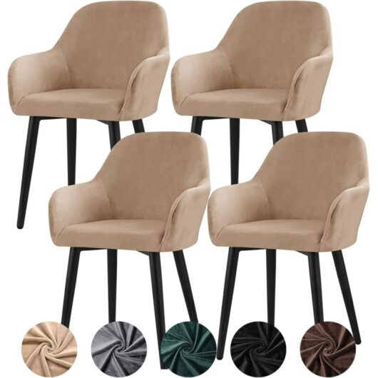 Stretch Velvet Chair Covers, Set of 4, Universal Armchair Covers, Removable and Washable, for Dining Room, Kitchen, Banquet, Wedding, Party (Camel, 4