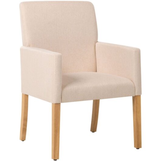 Upholstered Dining Chair with Arms Beige Fabric Wooden Legs Rockefeller