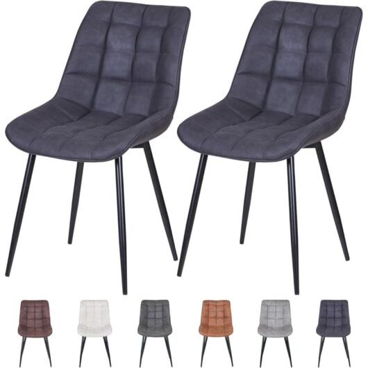 set of 2 Faux Matte Suede Leather Dining Chairs with Padded Seat and Metal Legs ALBA SLATE