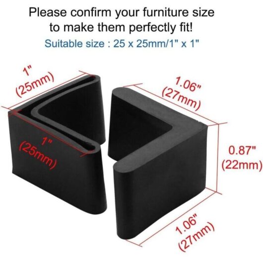 12pcs Iron Chair Leg Protectors Table Chair Leg Caps Furniture Rubber Floor Protectors L-Shaped 25 x 25 mm Black