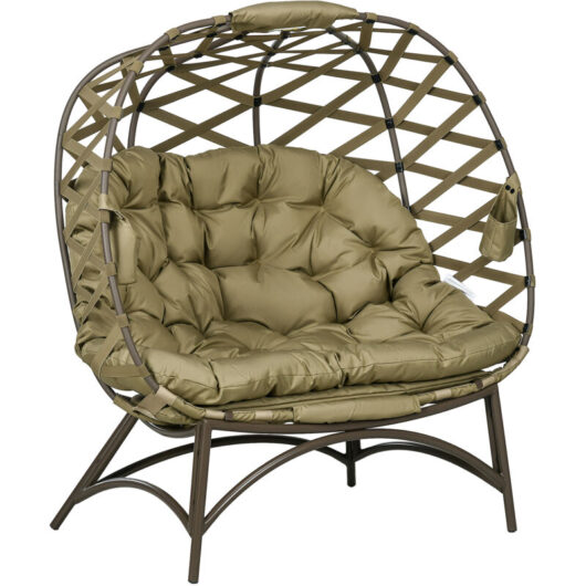 2 Seater Egg Chair Outdoor, Folding Weave Garden Furniture Chair with Cushion, Cup Pockets - Khaki