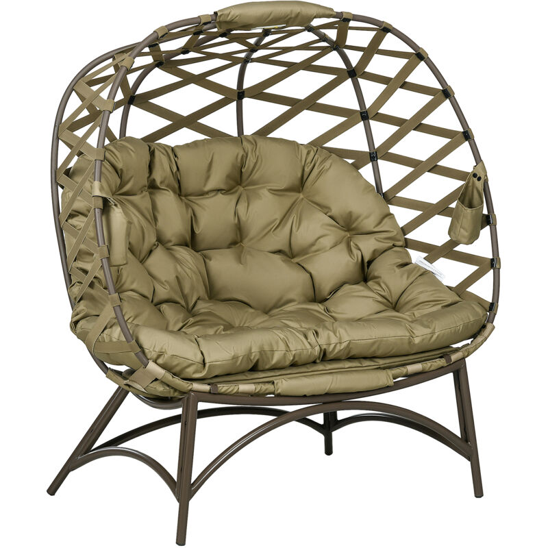2 Seater Egg Chair Outdoor, Folding Weave Garden Furniture Chair with Cushion, Cup Pockets - Khaki