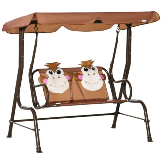 2 Seater Kids Garden Swing Seat, Children Outdoor Patio Lounge Chair for Gardens w/ Adjustable Awning, Seatbelt, Monkey Pattern - Brown