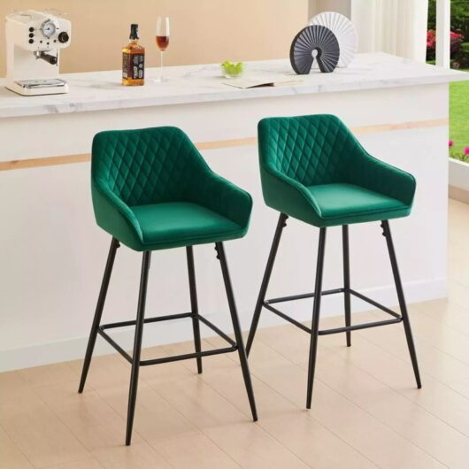 2X Velvet Barstools Fabric Upholstered seat with Backrest Armrest Black Metal Legs Kitchen Breakfast Counter Chairs Green - Ainpecca