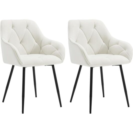 2x Dining Chairs, Velvet Dining Chairs with Backrest Dining Room Chairs, Cream - Woltu