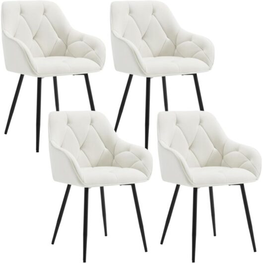 4x Dining Chairs, Velvet Dining Chairs with Backrest Dining Room Chairs, Cream - Woltu