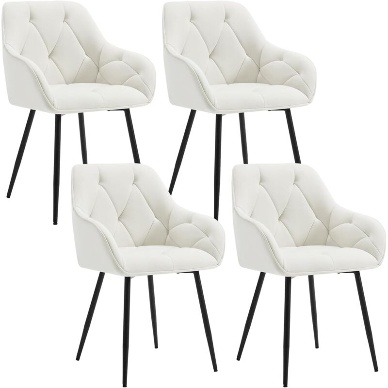 4x Dining Chairs, Velvet Dining Chairs with Backrest Dining Room Chairs, Cream - Woltu