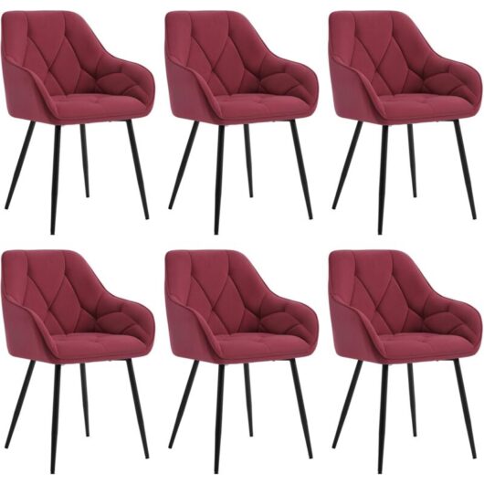 6x Dining Chairs, Velvet Dining Chairs with Backrest Dining Room Chairs, Burgundy - Woltu