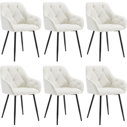 6x Dining Chairs, Velvet Dining Chairs with Backrest Dining Room Chairs, Cream - Woltu